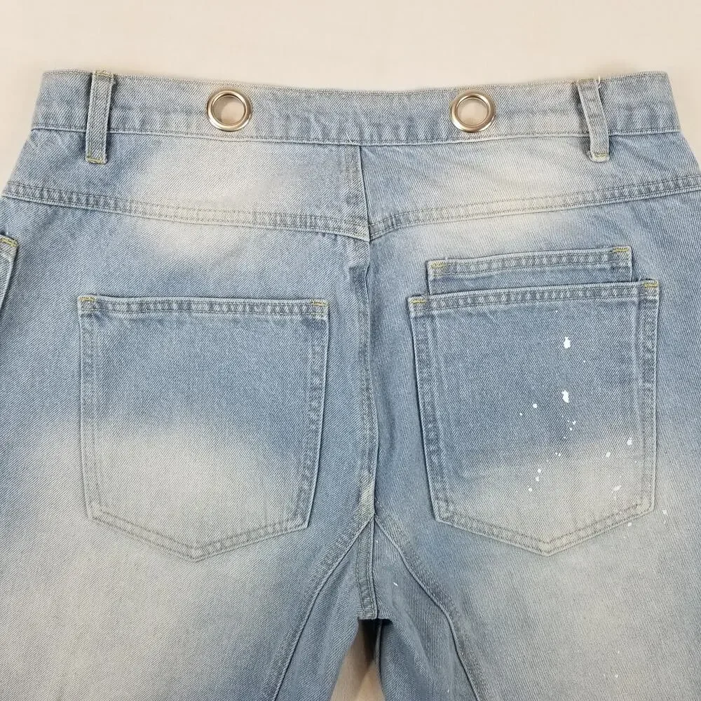 Flamingals Jeans Womens XL Moxie Barrel Low Slung Paint Splatter Grommet Tie - Picture 5 of 12